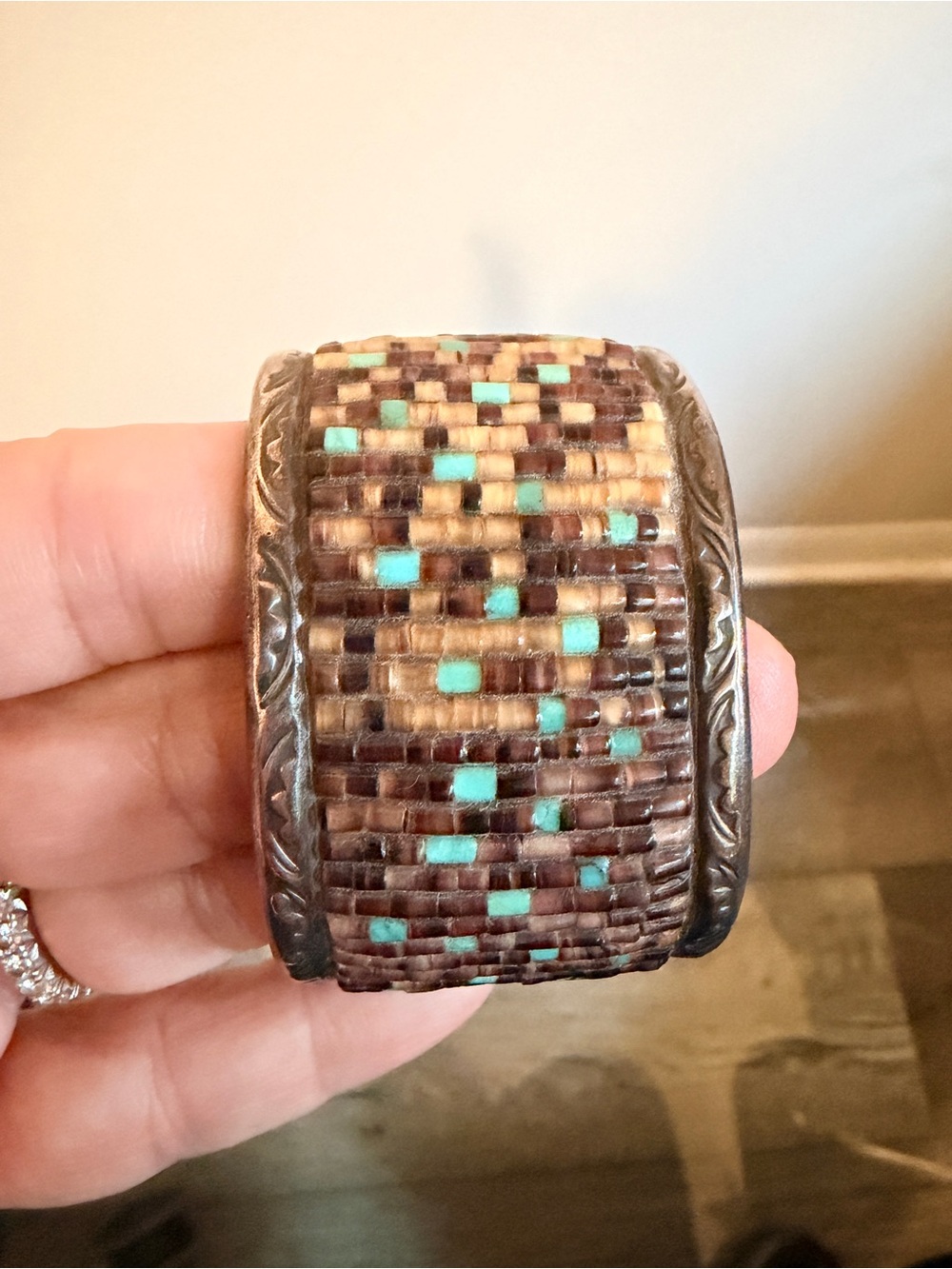 Native American Navajo Sterling Silver Penshell & Turquoise Heshi Cuff Bracelet - Picture 5 of 16